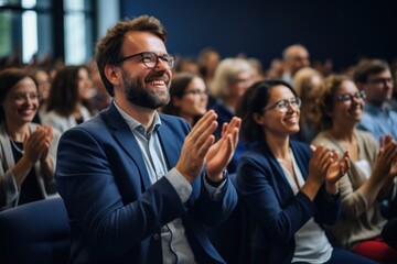 applause. happy business people as the audience at a seminar with support or motivation. smiling tea