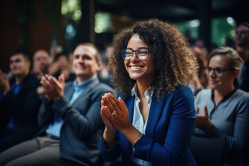 Applause. Happy business people as the audience at a seminar with support or motivation. Smiling team and staff are clapping for success, deal, or celebration in a workshop or conference.