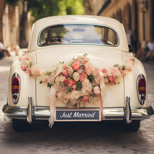  Classic Wedding Car With 'Just Married' Plate And Flower Decorations