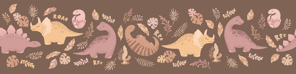 Wall Mural - Cartoon dinosaurs seamless horizontal pattern with cute dinosaurs and plants isolated on brown background. Vector illustration for print, wrapping paper, banner, card, wallpaper, nursery decoration