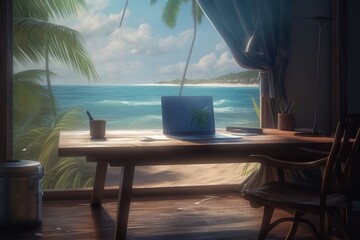 Wall Mural - wooden table with laptop, coffee and palm tree on the beach