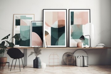 Wall Mural - interior of modern living room with white walls, wooden floor, white computer table with gray chairs