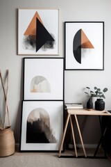 Wall Mural - modern scandinavian living room interior with mock-up poster frames, books, plants and accessories. 