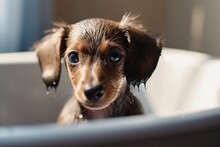 Cute Little Dachshund Puppy Taking A Bath At Home