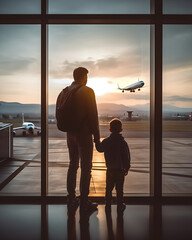 father with son looking out through window at airplanes, silhouette of father and son standing in fr