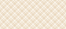 Beige And White Diagonal Gingham Seamless Pattern. Light Brown Vichy Background Texture. Checkered Tweed Plaid Repeating Wallpaper. Natural Nude Fabric And Textile Swatch Design. Vector Backdrop 