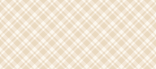 Beige and white diagonal gingham seamless pattern. Light brown vichy background texture. Checkered tweed plaid repeating wallpaper. Natural nude fabric and textile swatch design. Vector backdrop 