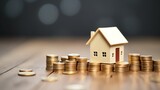 Fototapeta Kosmos - Miniature simple house with gold coins, finance and investment concept.