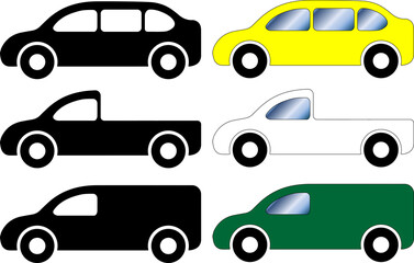 Wall Mural - set of car and vehicle icons in color and silhouette