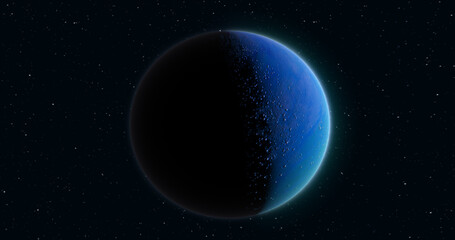 Wall Mural - abstract realistic space spinning planet round sphere with a water surface in space against the back