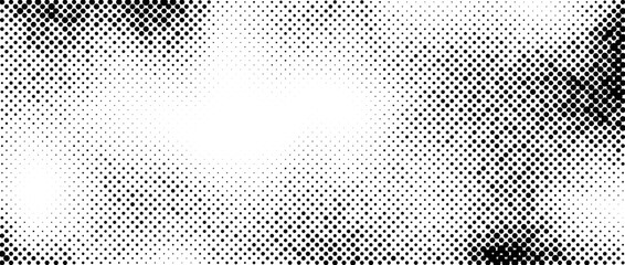 Canvas Print - Halftone faded gradient texture. Grunge dirty speckle background. White and black sand noise wallpaper. Retro pixelated comic vector backdrop