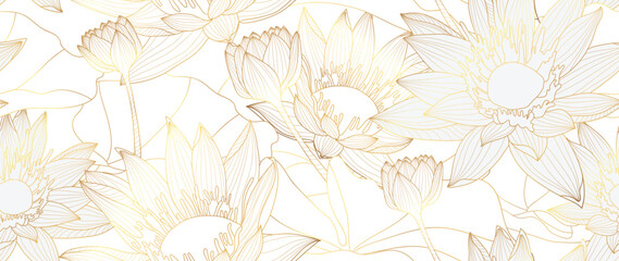 Luxury hand drawn lotus flowers background vector. Elegant gradient gold lotus flowers line art, leaves on white background. Oriental design for wedding invitation, cover, print, decoration, template.