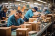 © fahmy - Cardboard Box Assembly Line With Workers, Generative AI