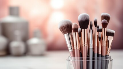 Poster - Close up make-up brushes on the table with copy space. Beauty industry accessories.