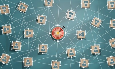 Wall Mural - red dartboard and black arrow connection linkage with human icon for customer focus target group and