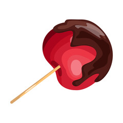 Chocolate dipped cherry on stick vector illustration. Drawing of berry with chocolate, snack on stick isolated on white background. Dessert, food, confectionery concept