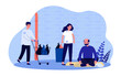 © Bro Vector - Homeless people with trash bags in cart vector illustration. Cartoon drawing of poor woman and men in old clothes with no food or money. Poverty, hunger, crisis concept