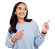 © Sumeet/peopleimages.com - Happy woman, hands and pointing for advertising isolated on a transparent PNG background. Female person or model point finger for show, advertisement or discount in sale, branding or marketing