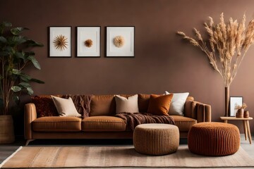 Wall Mural - brown and white combination of sofa and wallMountains, Greenery, and river. AI-Generated