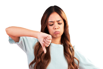 Canvas Print - Thumbs down, sad and woman fail, wrong and isolated on a transparent png background. Depression, dislike hand sign and unhappy person with emoji for negative review, feedback or vote of complaint.