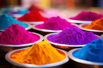 Wall Mural - Colorful powder paints in pots at a market in India. Festival of colors in India, Holi. The arrival of spring, the victory of good over evil and happiness. Generative AI.