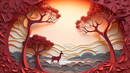 Nature background paper cut and craft style, romantic scenery , copy space, used for greeting card