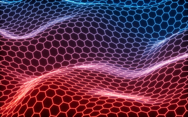 Poster - Glowing hexagonal grid neon background, 3d rendering.