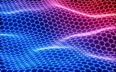 Poster - Glowing hexagonal grid neon background, 3d rendering.