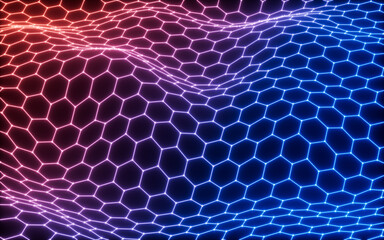 Poster - Glowing hexagonal grid neon background, 3d rendering.