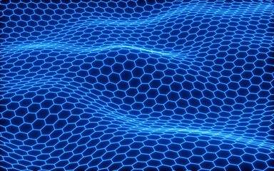 Poster - Glowing hexagonal grid neon background, 3d rendering.
