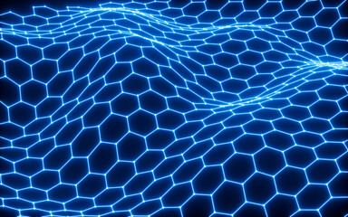 Poster - Glowing hexagonal grid neon background, 3d rendering.