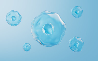 Wall Mural - Floating cells in the blue background, skin treatment, biology and medicine concept, 3d rendering.