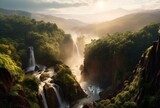 Fototapeta Do pokoju - View of the beauty of the waterfall and sunrise in the morning from above. generative ai