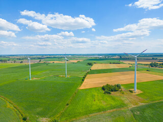 Aerial view of powerful Wind turbine farm for energy production 