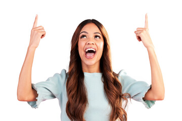 Sticker - Excited, pointing up or happy woman for a sale, deal or discount isolated on transparent png background. Advertising, smile or person showing product placement, promotion offer or retail announcement