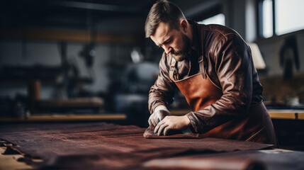 Man working with leather using crafting DIY tools