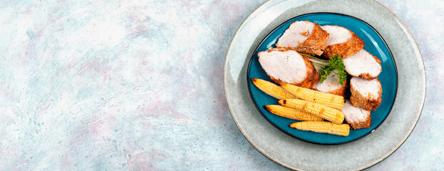 Wall Mural - Sliced pork meat tenderloin, space for text.