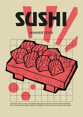 Wall Mural - Japanese sushi. Price tag or poster design. Set of vector illustrations. Typography. Engraving style. Labels, cover, t-shirt print, painting.