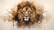 Watercolor painting of a lion's head, in dark beige and gold tones. Generative AI