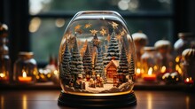 Snow Globe Christmas Magic Ball With Christmas Tree And Blurred Lights On The Background. Generative Ai.