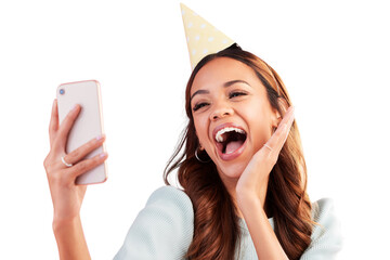 Canvas Print - Party, happy and birthday with woman and selfie on png for celebration, social media and log. Smile, picture and post with person isolated on transparent background for happiness, update and blog