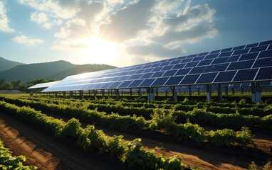farmland enhanced with agrivoltaics, where solar panels are intelligently integrated to provide both