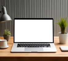 Minimalistic Laptop Screen Mockup On A Wooden Desk Against A Gray Wall Background