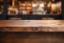 Background For Advertising Food Products On The Background Of A Store, Bar, Cafe, Wooden Tabletop, Blurred Background.