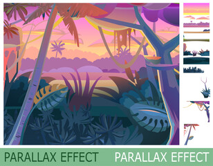 Wall Mural - evening jungle. landscape with tropical forest and palm trees. set of slides create parallax image l