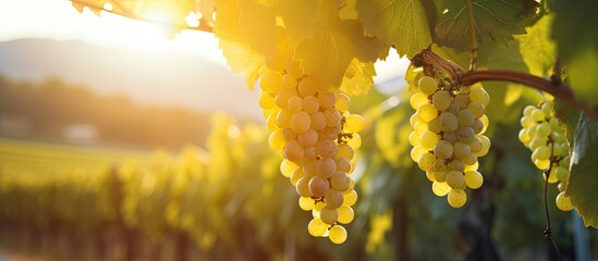 Aufkleber - Ripe grapes on a vine growing in a vineyard at sunset, with selective focus and copy space. Vineyards