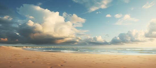 A serene scenic landscape with a wide, empty sandy beach and a beautiful cloudy sky. peaceful ambiance,