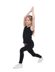 Little girl doing morning exercise on white background