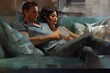A young couple cuddling on a couch while looking at a cellphone,  A Fictional Character Created by Generated AI. 