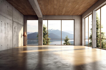 Poster - Empty room with panoramic window and mountain view